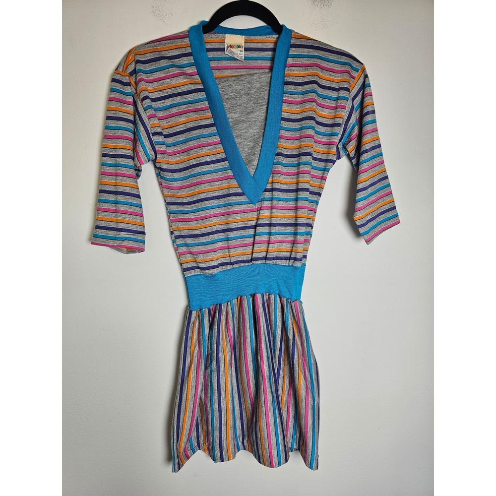 Retro 80s Dobie Striped V-Neck Peplum Top Girls 10 Grey Blue Pink Orange USA